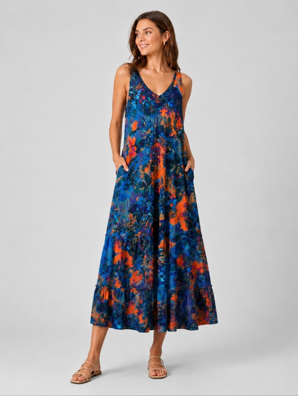 Peruvian Connection Vibrant Blue & Orange Floral Maxi Dress - Women